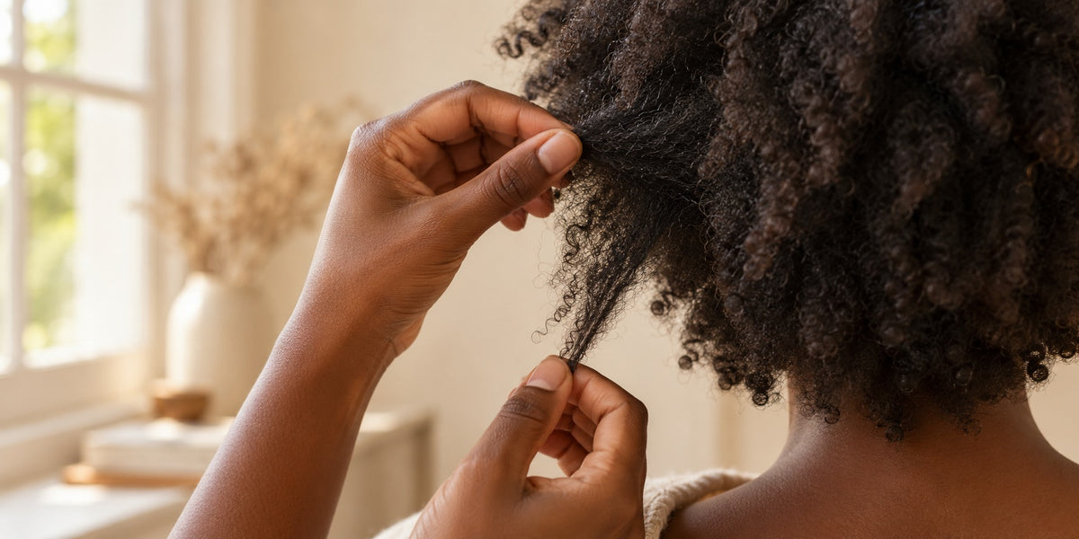 Portrait calme, cheveux texturés portés libres. Geste d'observation, sans manipulation. Coiffure naturelle, lumière naturelle non frontale.
