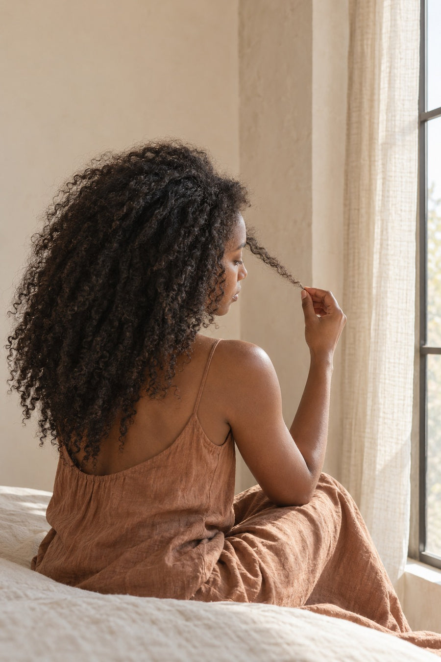 Mains séparant délicatement une section de cheveux humides, lumière rasante, point focal sur les doigts.