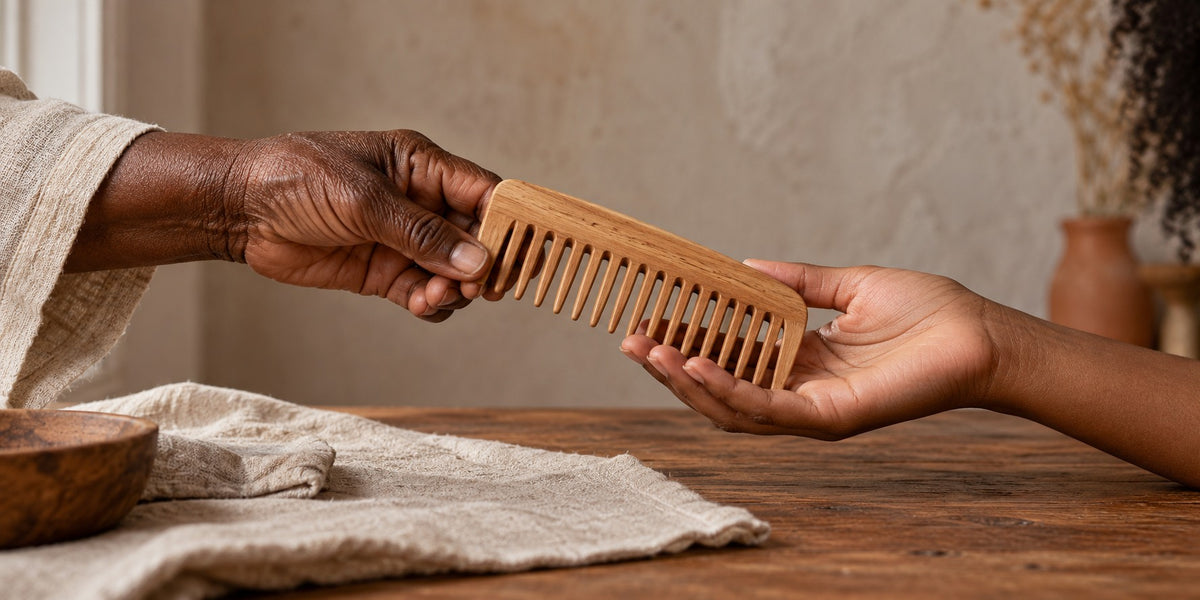 Scène de transmission réelle entre deux personnes, mains en préparation de tresses ou vanilles, lumière de fin d'après-midi.