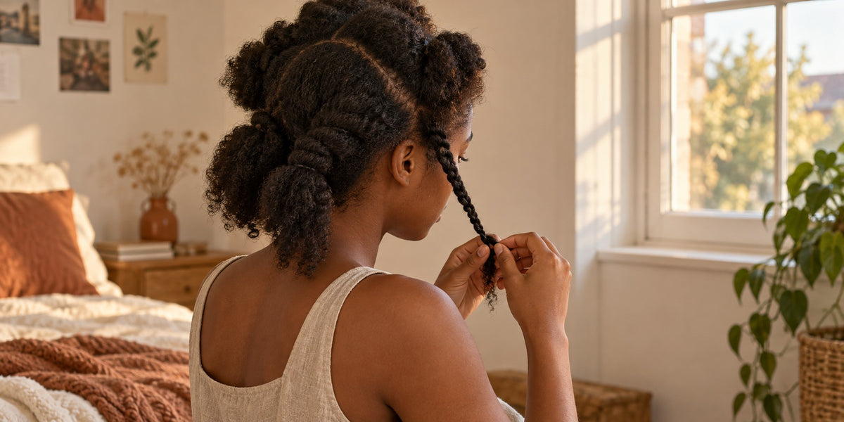 Préparation de tresses ou vanilles, mains d'une aînée démêlant une mèche, coiffure protectrice, lumière naturelle.