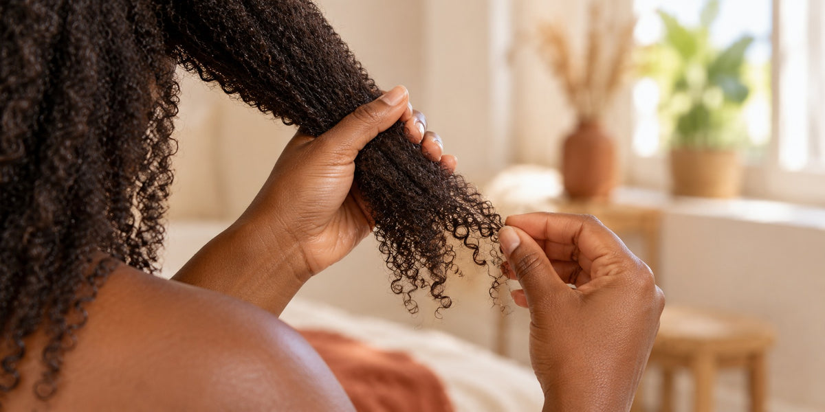 Femme après le rinçage, pression délicate d'une serviette sur les longueurs, coiffure naturelle, lumière salle de bain naturelle.